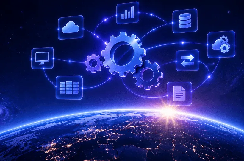 Diagram of connected business tools and data flowing into a central automation hub.